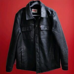 Levis Jacket Men Large Black Faux Vegan Leather Trucker Sherpa Lined Red Tab